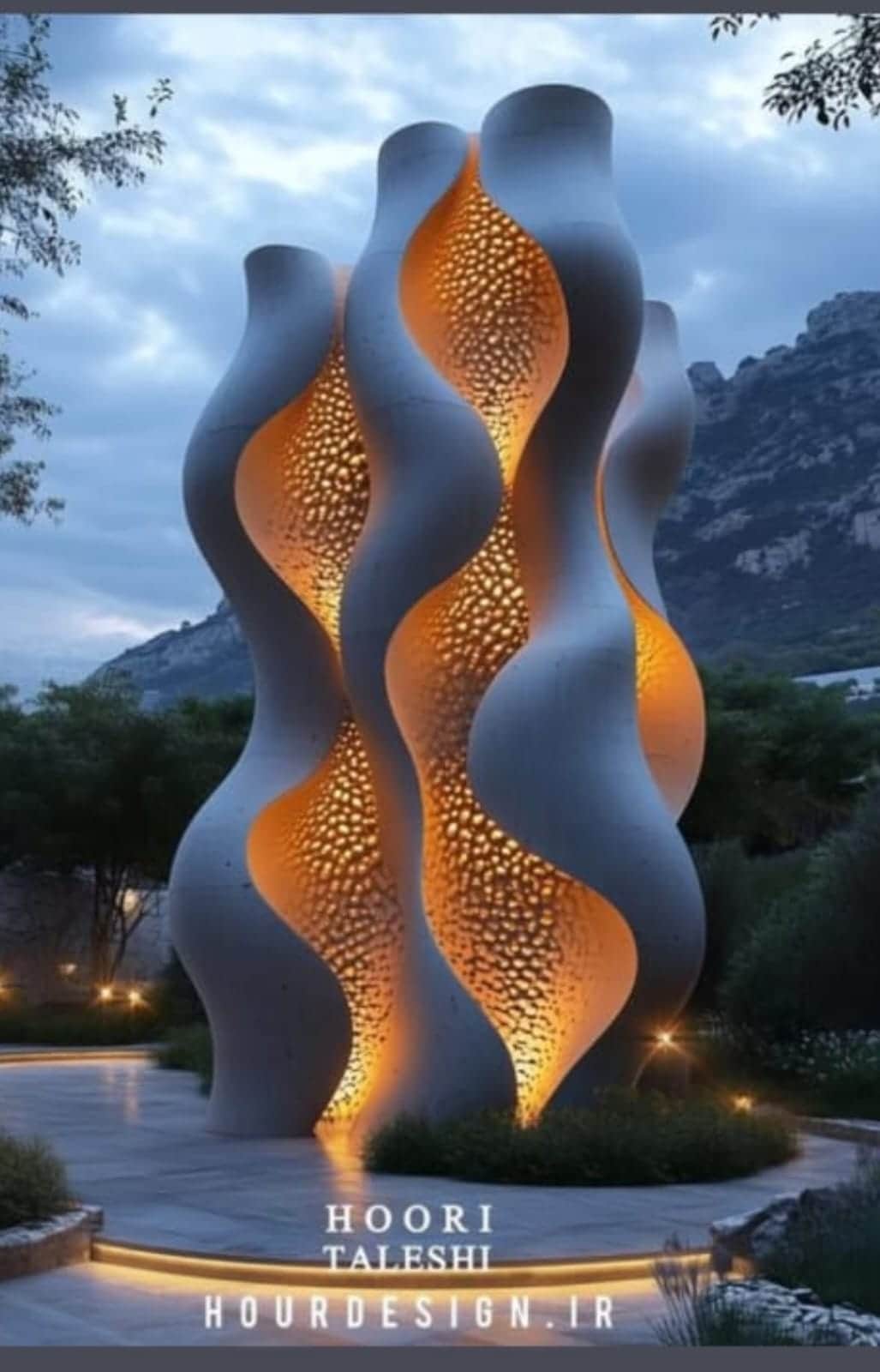 A tall, sculptural floor lamp composed of multiple undulating, vertical elements. The exterior is a… — 3D model