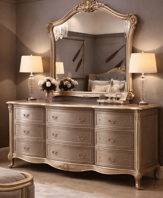 An opulent, highly ornate dresser and mirror set, finished in a uniform champagne gold color. The dr… — 3D model