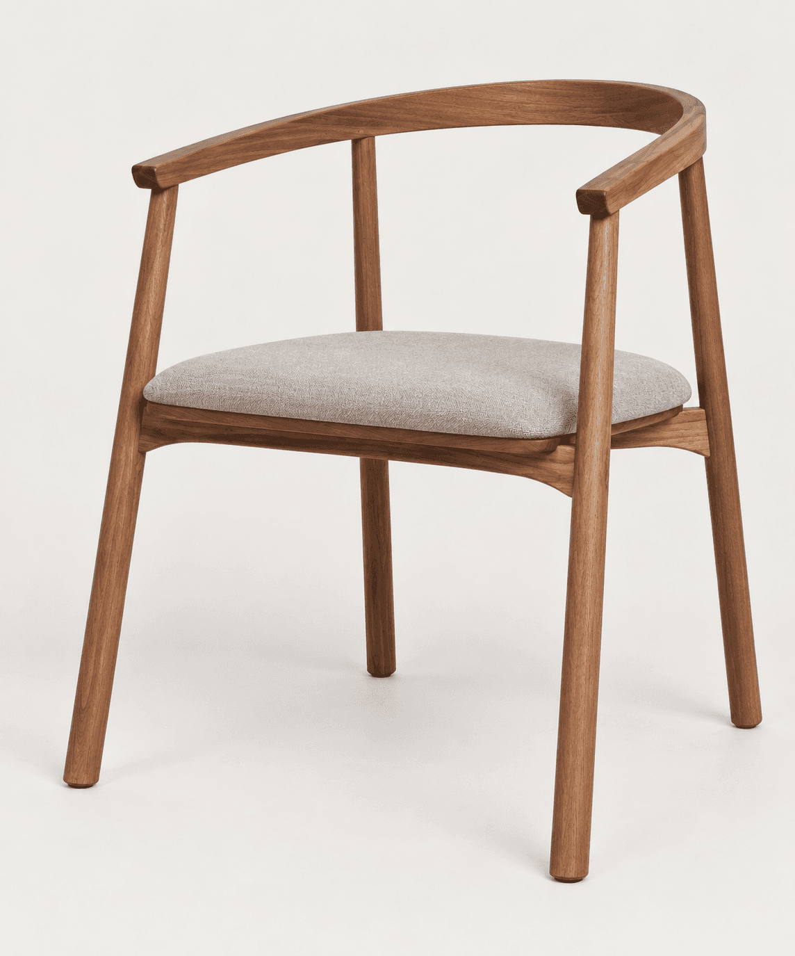 A modern dining armchair made of walnut wood with a curved backrest and armrests, featuring an uphol… — 3D model