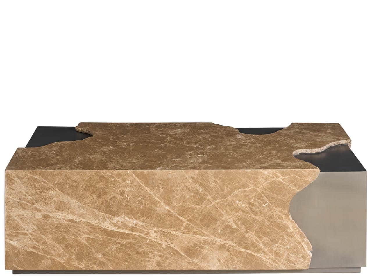 A modern sculptural coffee table featuring a dominant block of veined brown marble, accented with ir… — 3D model