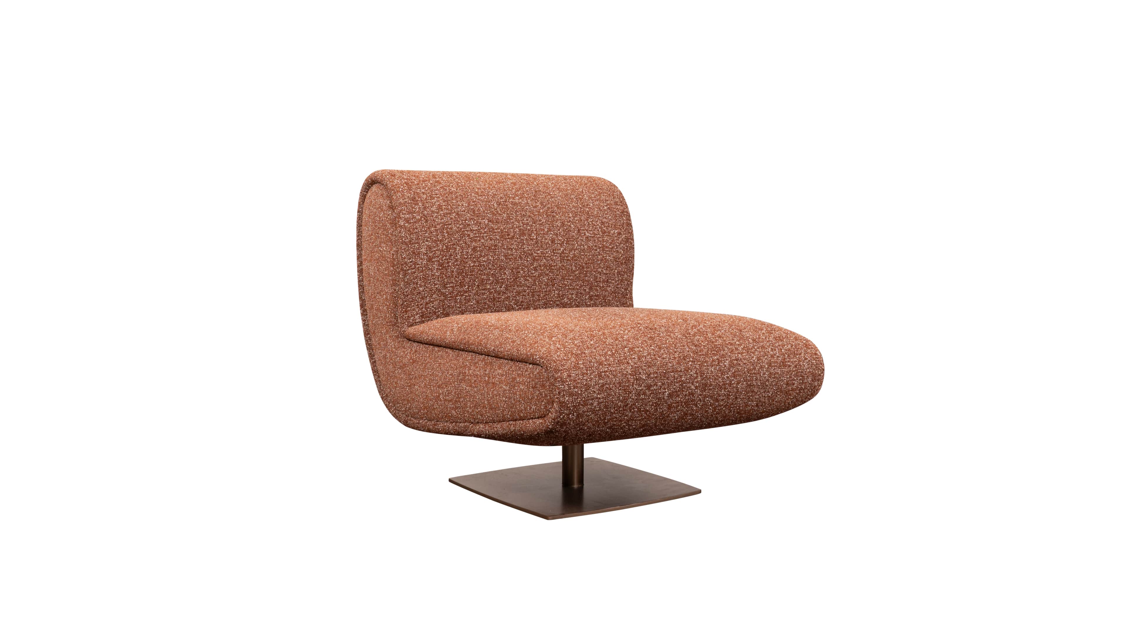 An upholstered swivel lounge chair featuring a curved, seamless backrest and seat, covered in a redd… — free OBJ 3D model