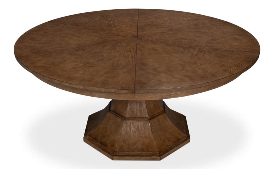 A round dining table with a pedestal base. The tabletop is constructed from segmented wooden panels… — 3D model
