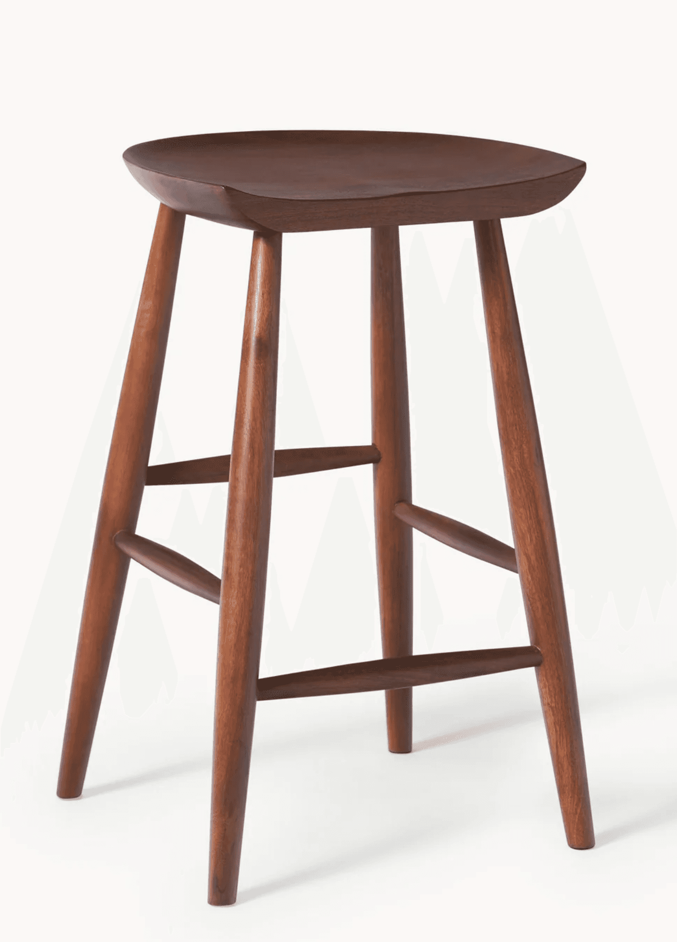 A dark reddish-brown wooden stool featuring a sculpted saddle-shaped seat. It stands on four splayed… — 3D model