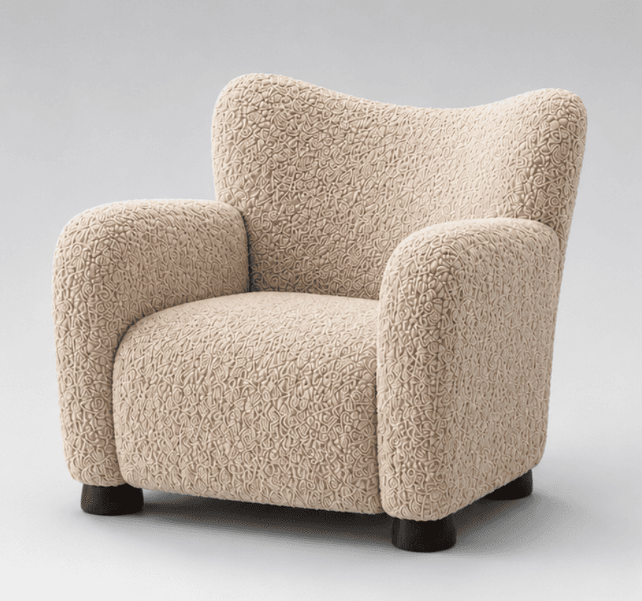 A modern upholstered armchair featuring a distinctive highly textured, beige fabric and a rounded, i… — 3D model