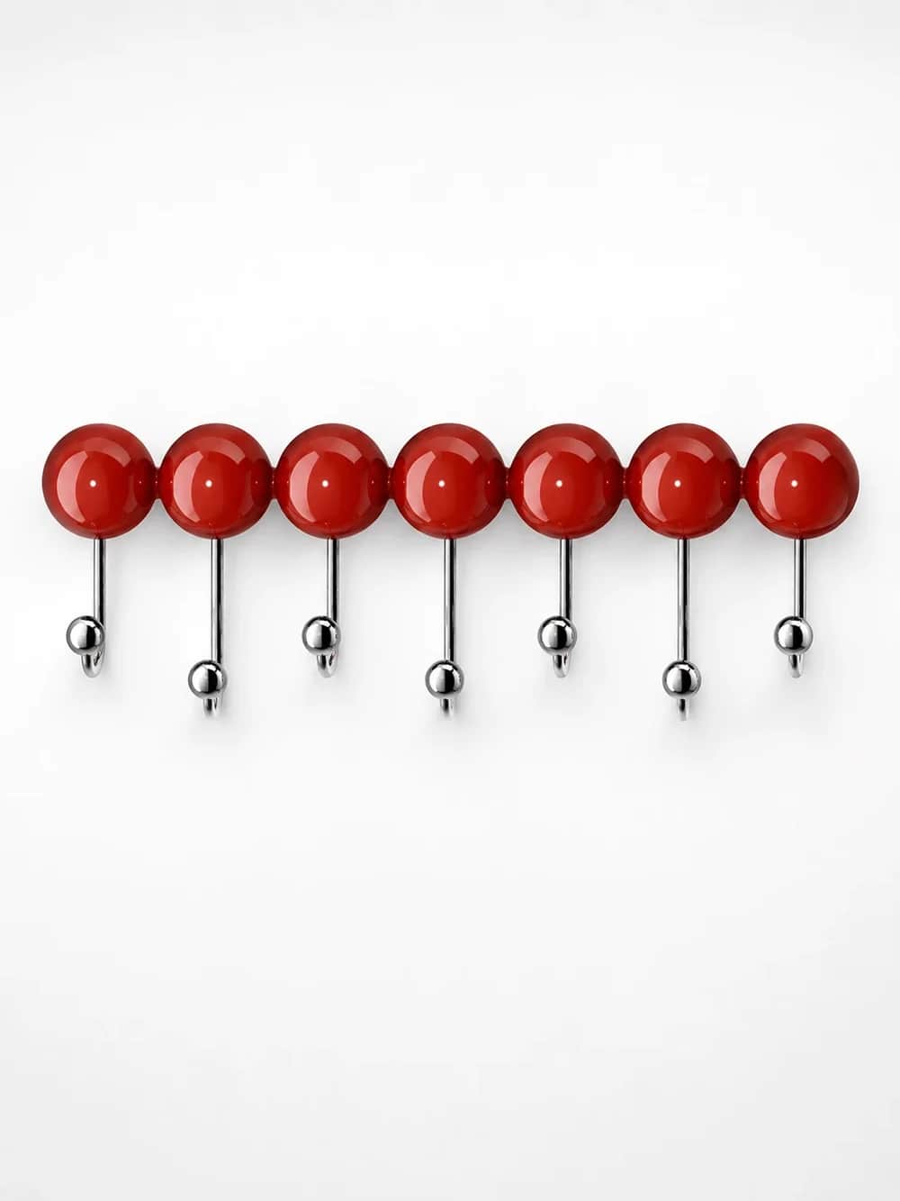 A contemporary wall-mounted coat rack featuring seven equidistant, glossy red spherical elements, ea… — 3D model