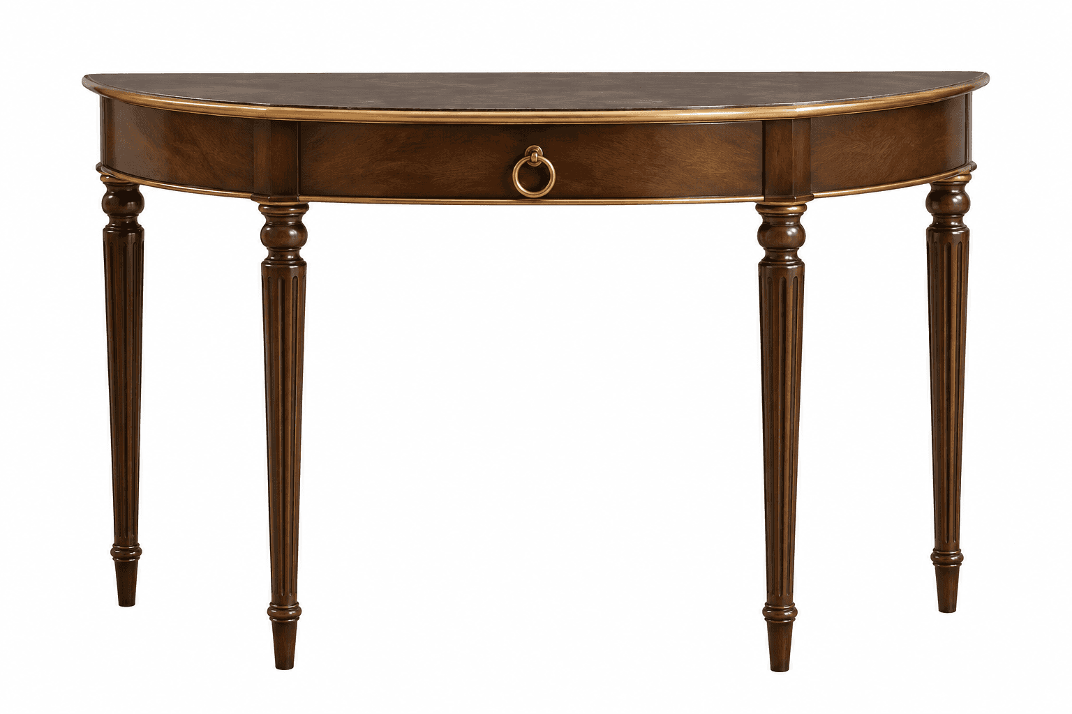 A traditional dark wood demilune console table featuring a single central drawer with a brass ring p… — free GLTF 3D model
