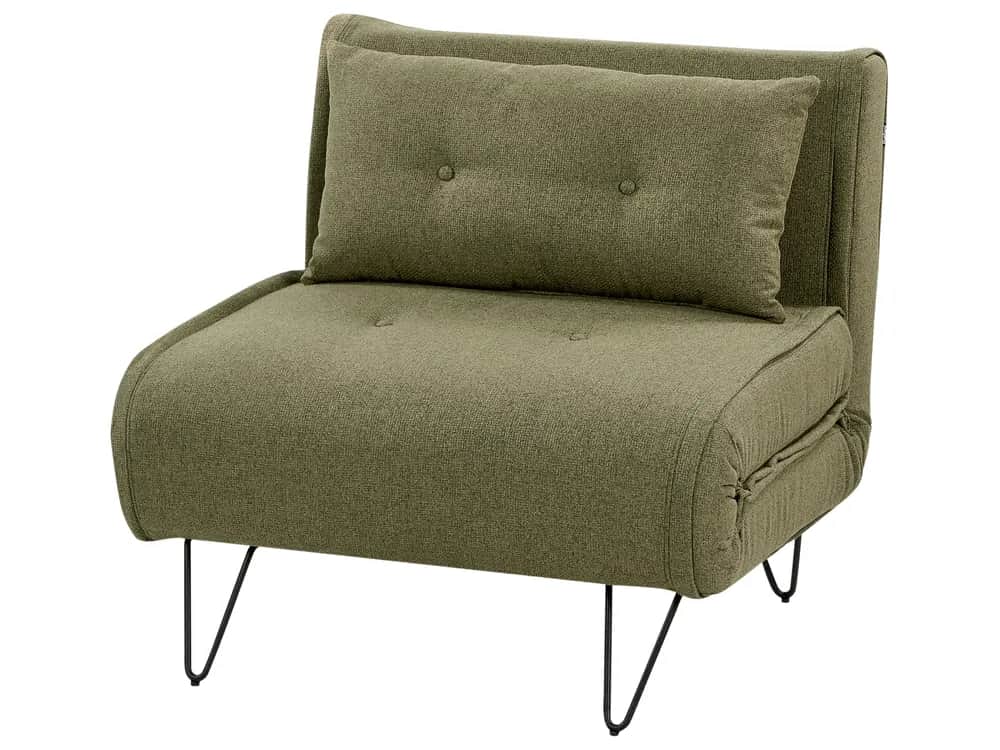 An olive green armless chair designed for convertibility, featuring a textured upholstered fabric. I… — 3D model