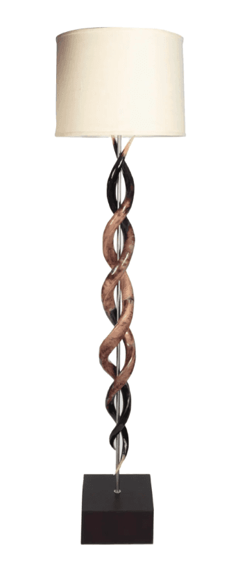A contemporary floor lamp featuring a sculptural, twisted column base composed of alternating dark a… — 3D model