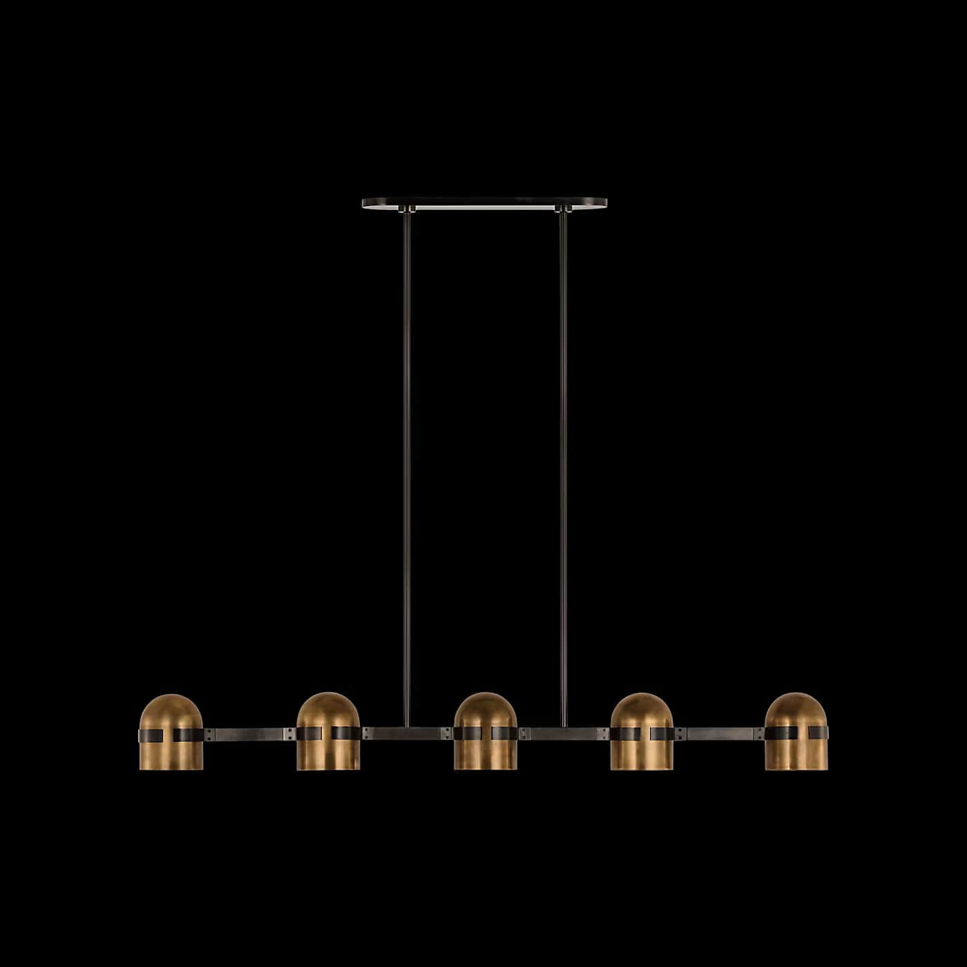 A contemporary linear pendant light featuring a dark metal frame and five individual dome-shaped bra… — free FBX 3D model