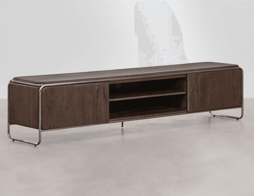 A long, low-profile TV stand with a dark wood grain finish. It features two cabinet doors on the sid… — free OBJ 3D model