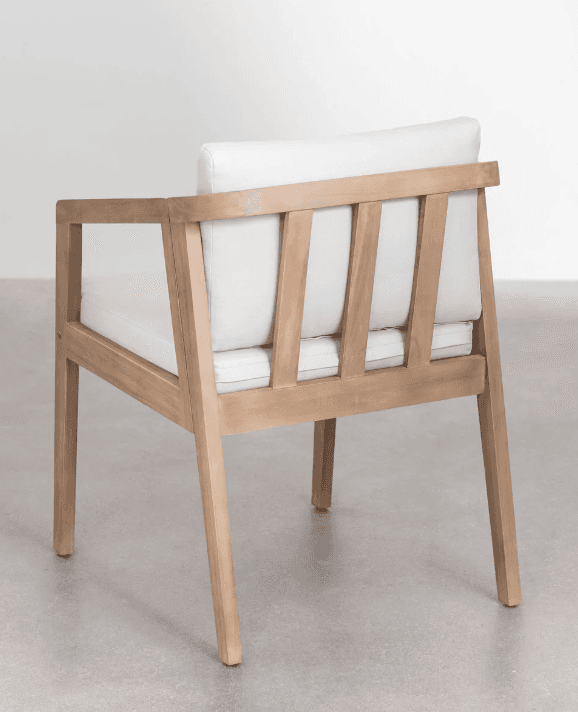 A wooden armchair with a slatted back and upholstered cushions. The chair features a light wood fram… — 3D model