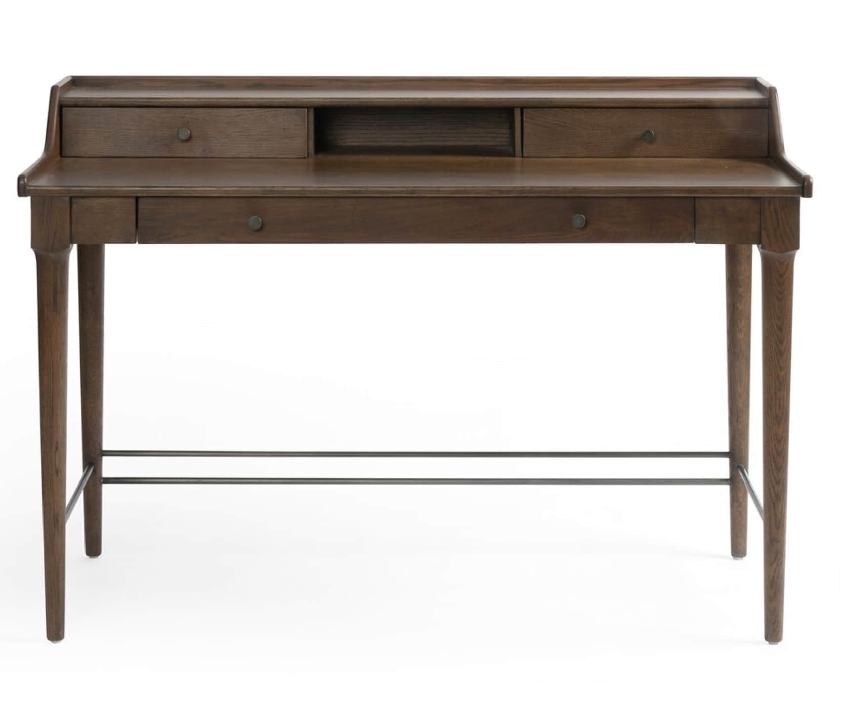 A dark brown wooden writing desk with a minimalist design. It features a raised back panel with thre… — free OBJ 3D model