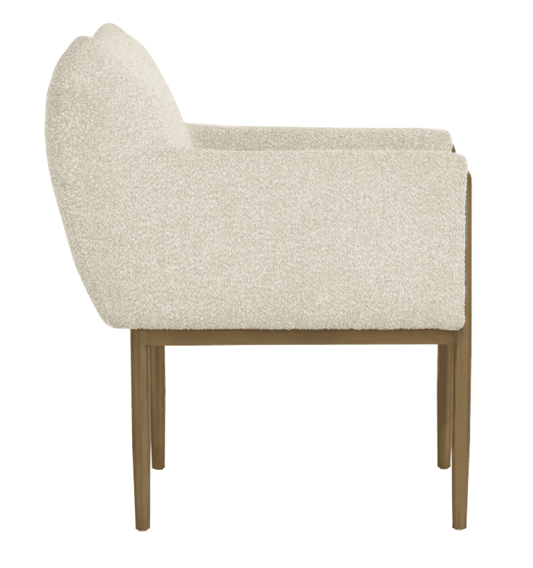 An upholstered armchair featuring a light-colored, textured fabric and a slender, gold-toned metal f… — free OBJ 3D model