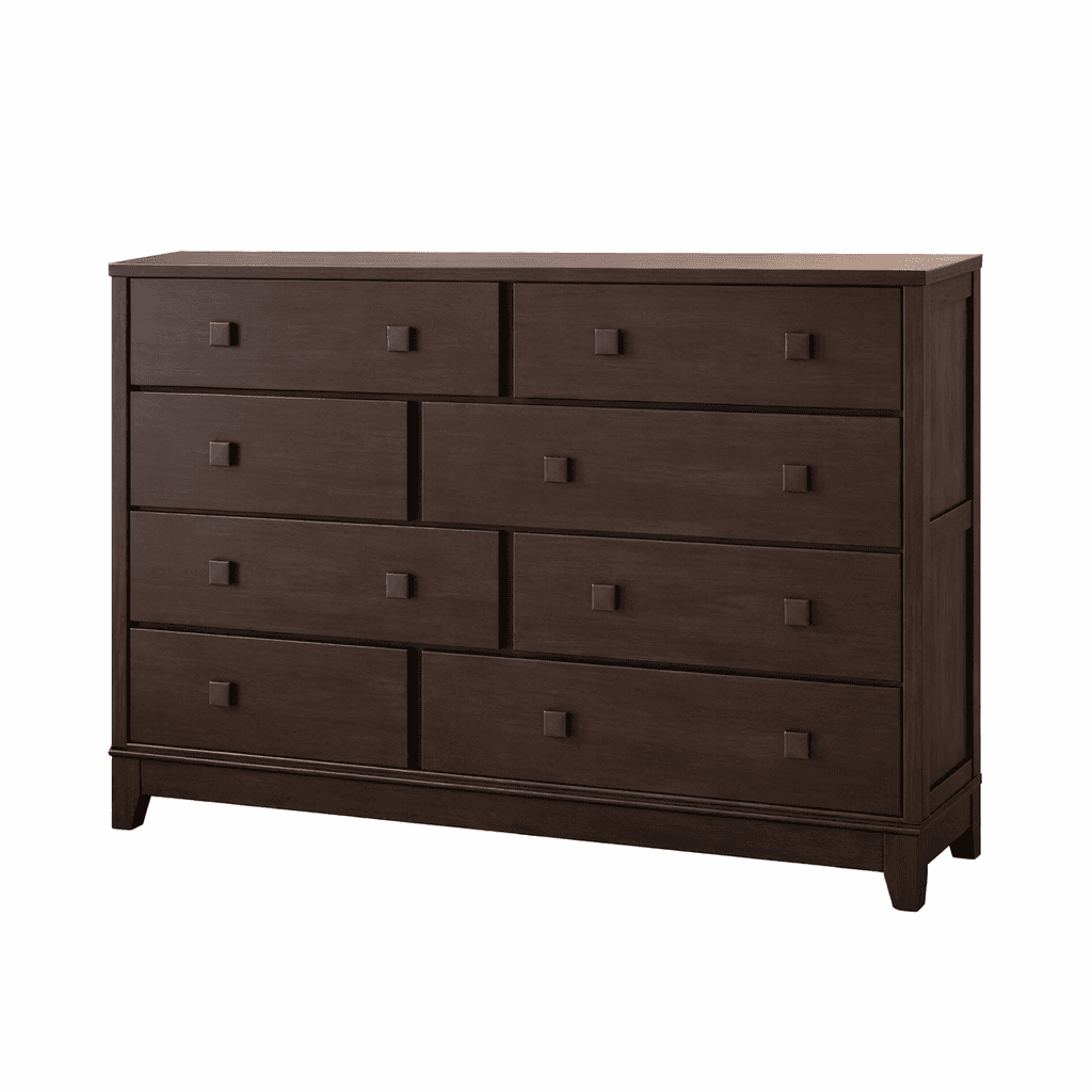 A contemporary dark brown wood dresser featuring eight drawers of varying sizes, equipped with squar… — 3D model