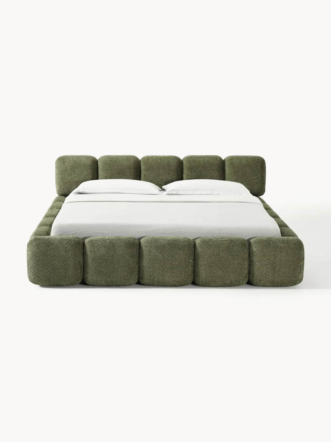 A low-profile bed frame upholstered in a textured, fuzzy fabric. The frame is modular, constructed f… — 3D model