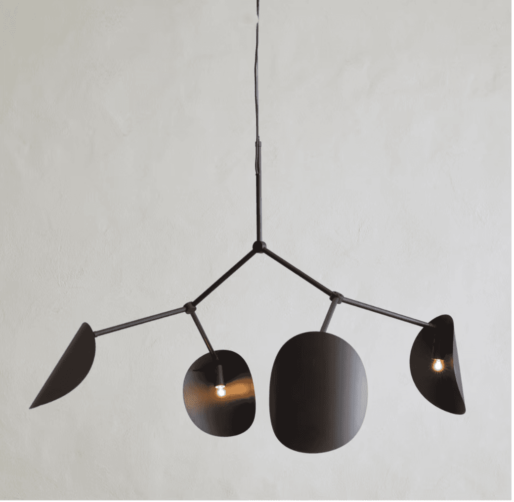 A modern, multi-arm chandelier featuring a matte black finish and abstract, organic-shaped shades, s… — free GLTF 3D model