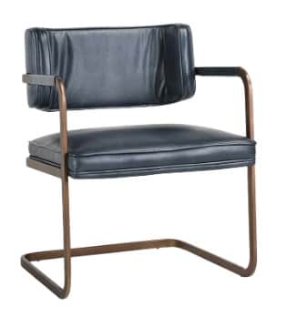 A modern armchair with a dark blue upholstered seat and backrest, supported by a metallic frame with… — free OBJ 3D model