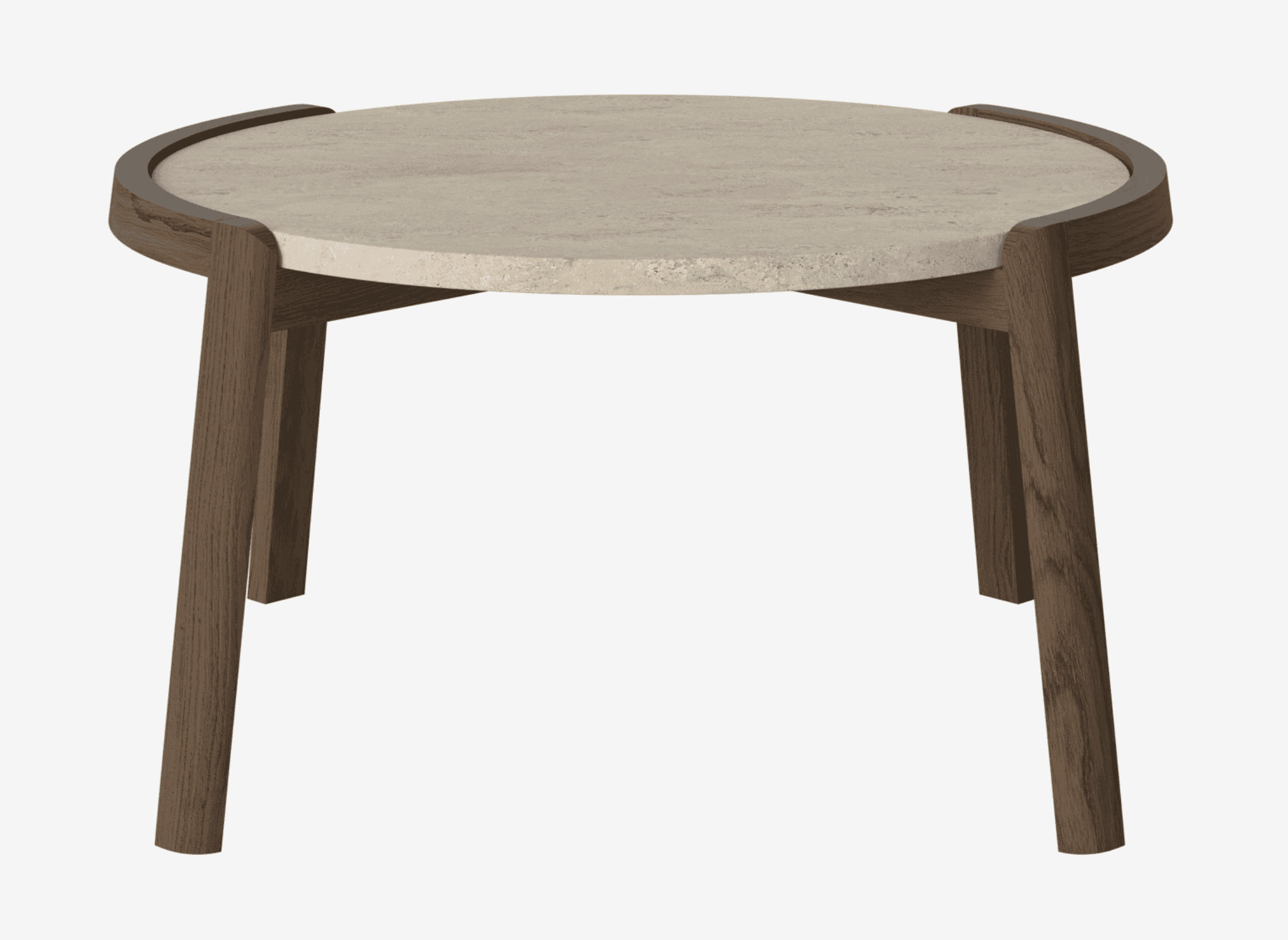 A contemporary round side table featuring a light beige travertine top encased within a dark brown w… — free GLTF 3D model