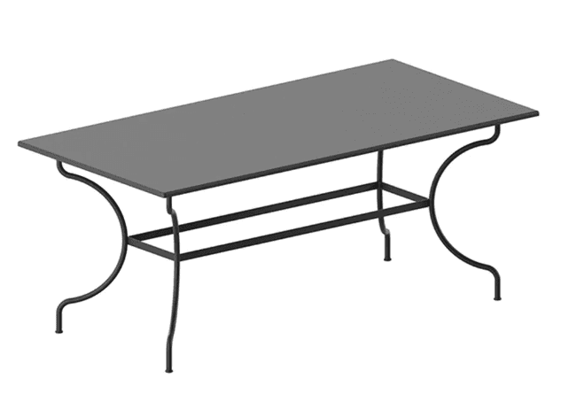 A rectangular dining table with a dark gray, flat top and a black metal base. The base consists of f… — 3D model