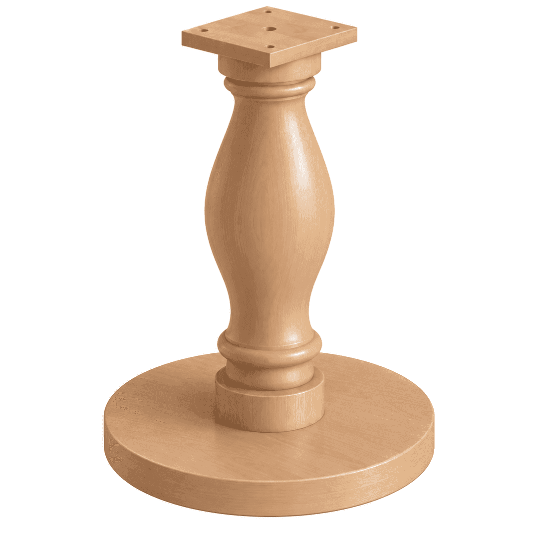 A single wooden pedestal base designed for a table. It features a turned central column with a balus… — free GLTF 3D model