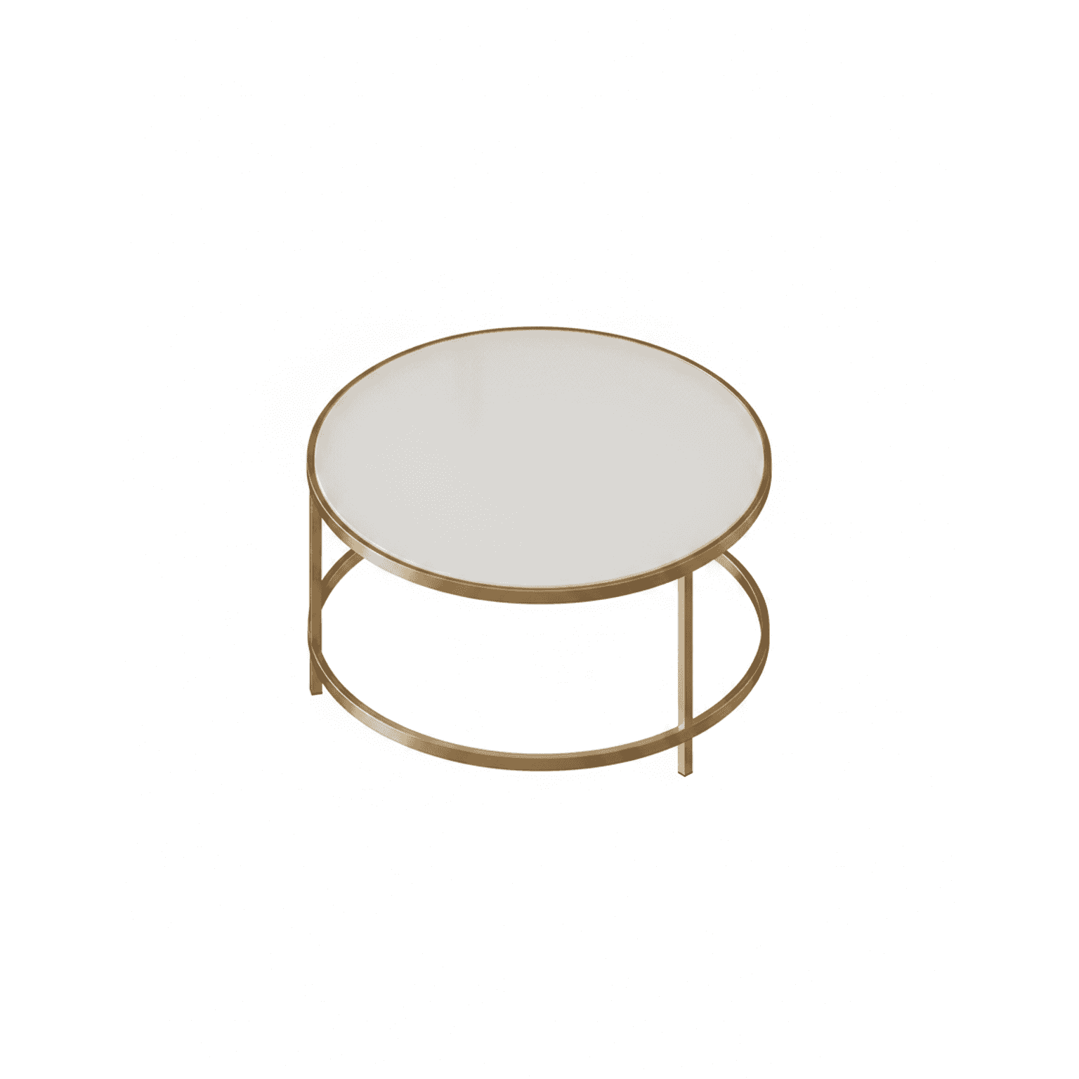 A modern coffee table featuring a circular white tabletop supported by a minimalist gold-toned metal… — 3D model