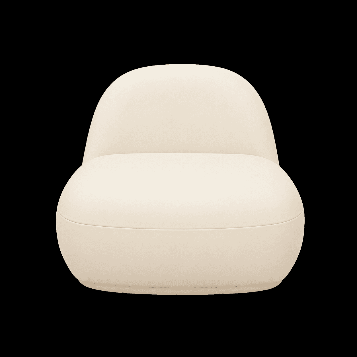A cream-colored, low-profile armchair with a rounded, bulbous form. The armchair features a single-p… — 3D model