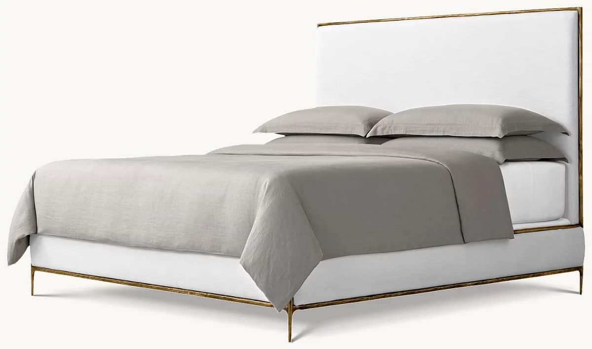 A modern platform bed featuring a tall, rectangular upholstered headboard and base in a light, off-w… — free BLEND 3D model