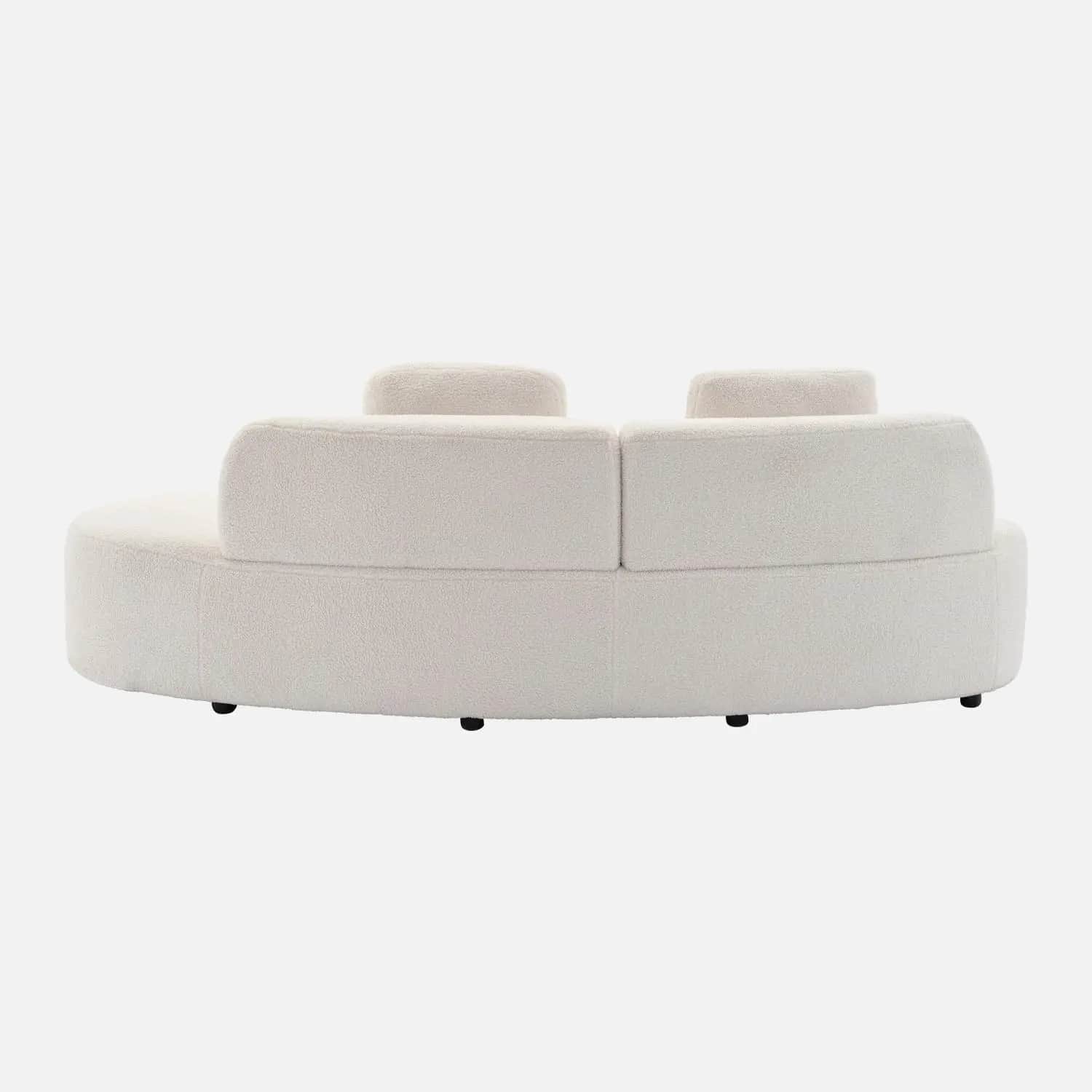 A cream-colored, curved sofa with a textured fabric upholstery, possibly bouclé or sherpa. It featur… — free GLTF 3D model
