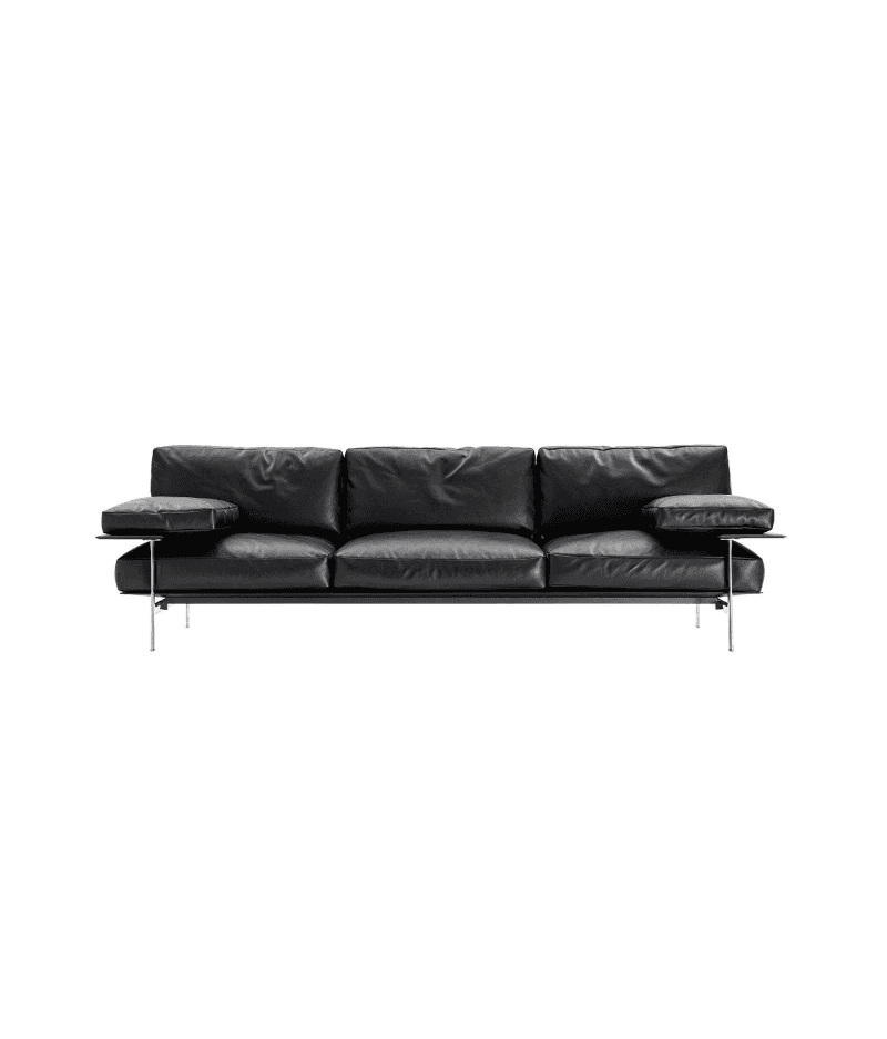 A three-seater sofa upholstered in black leather. The sofa features a sleek, modern design with thin… — free GLTF 3D model