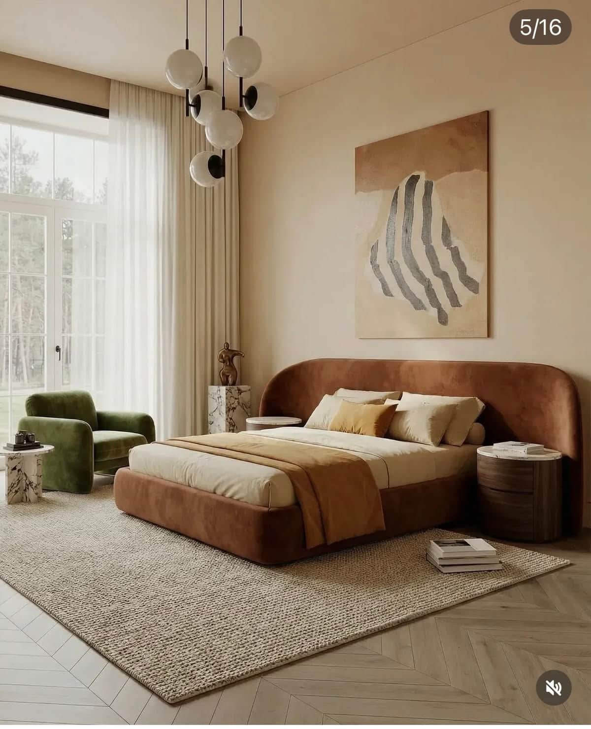 A contemporary upholstered platform bed with a distinctive curved headboard and footboard, rendered… — 3D model