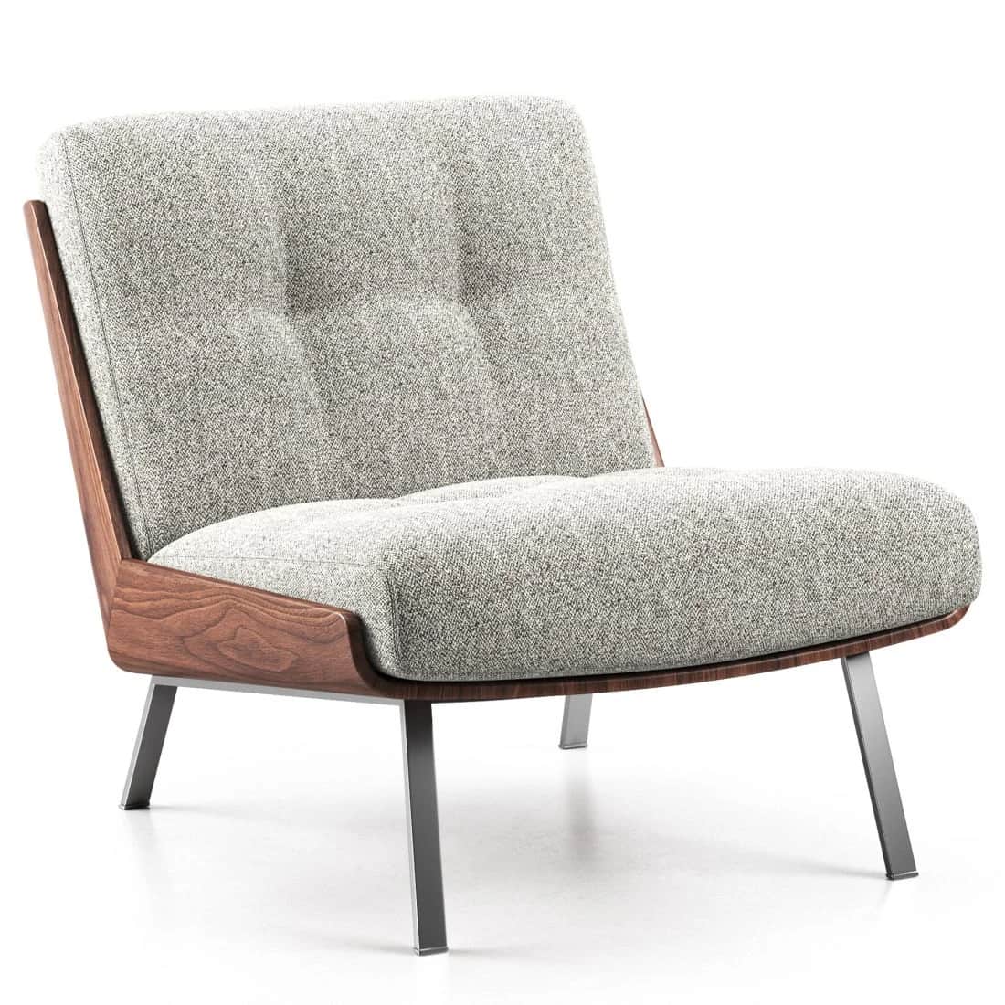 A contemporary lounge chair featuring a low-profile design, with a light grey textured upholstered s… — 3D model