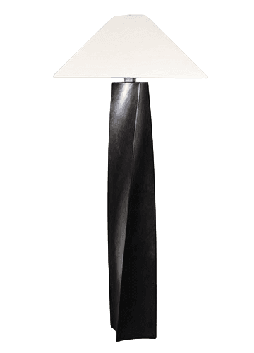 A modern floor lamp featuring a tall, slender, twisted black column base and a contrasting white, ta… — 3D model