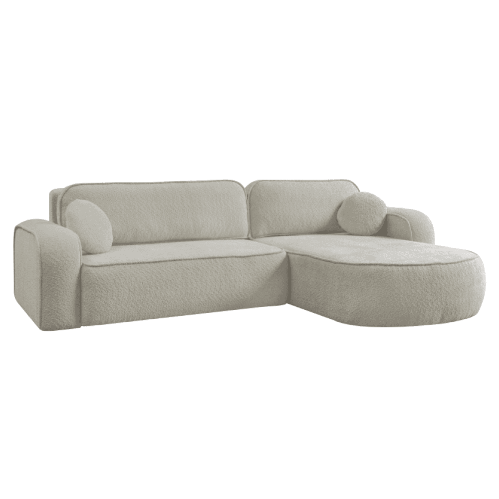 An L-shaped sectional sofa upholstered in a light beige or off-white teddy fabric. The sofa features… — 3D model