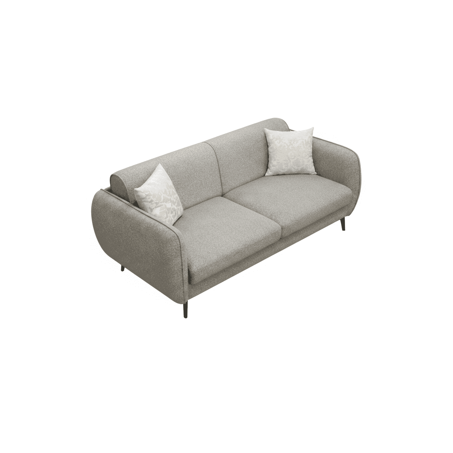 A modern two-seater sofa upholstered in a light grey textured fabric, featuring distinctive curved a… — free GLTF 3D model