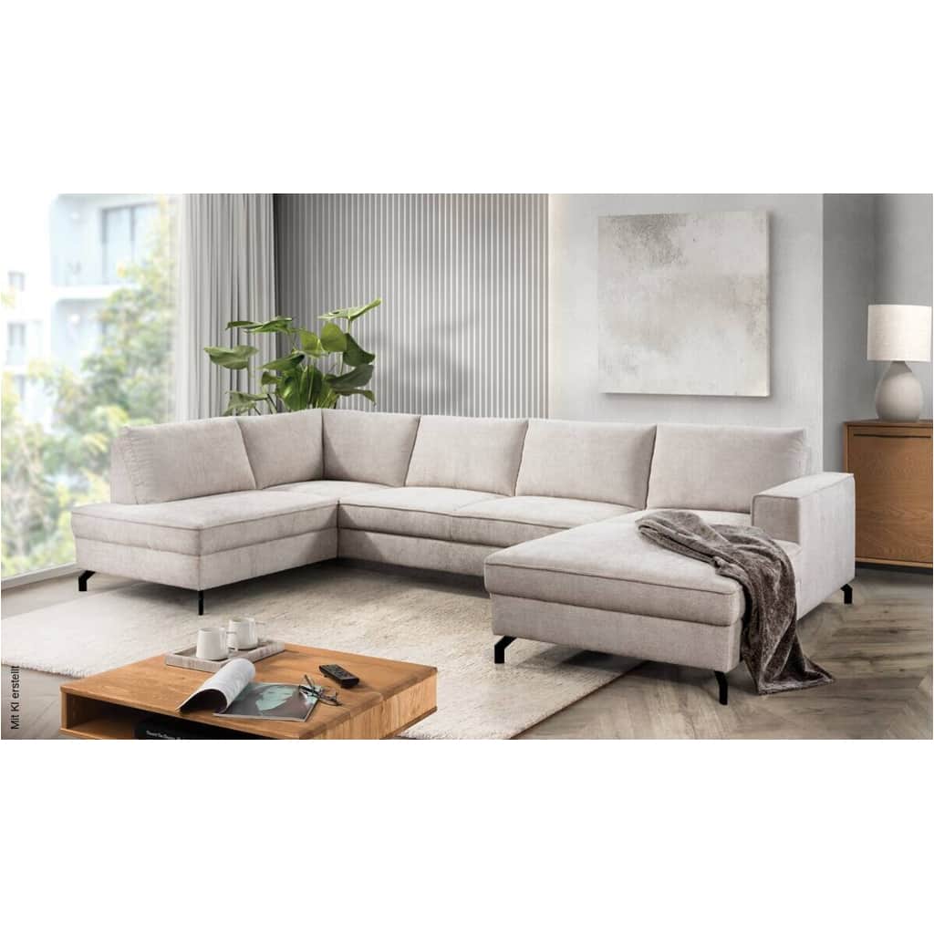 An L-shaped modern sectional sofa upholstered in a light beige fabric, featuring a chaise lounge ext… — 3D model