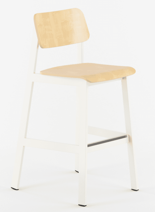 A modern bar stool featuring a white metal frame and light-toned wooden seat and backrest. It includ… — 3D model