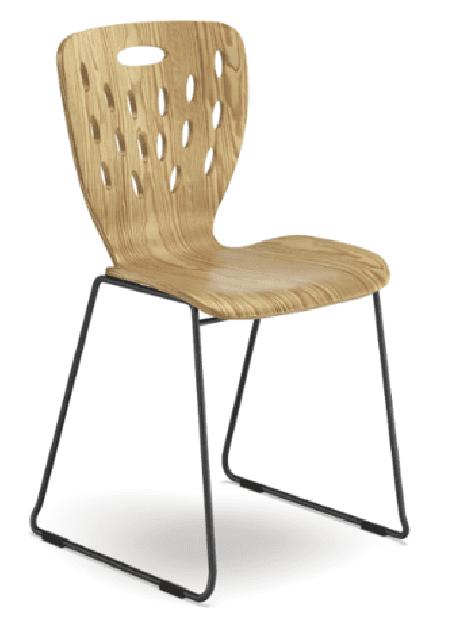 A modern side chair featuring a light wood-grain bent plywood seat and back, supported by a black me… — 3D model