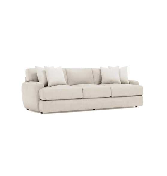 A long, contemporary three-seater sofa upholstered in a light cream or off-white fabric, featuring a… — 3D model