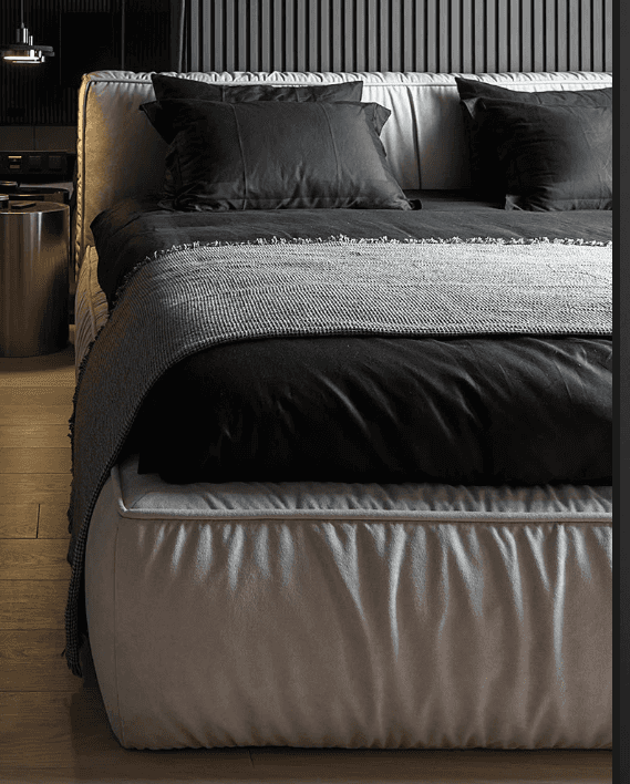 A modern upholstered platform bed featuring a low-profile base and a tall, pleated headboard. The be… — 3D model