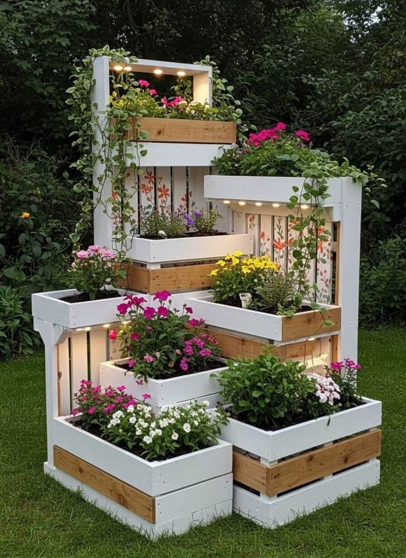 A multi-tiered wooden planter stand designed to display various plants and flowers. It features a st… — 3D model