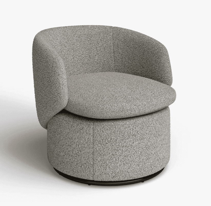 A modern armchair with a rounded back and seat, upholstered in a textured grey fabric. It features a… — 3D model