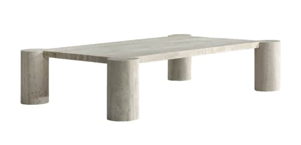 A low-profile rectangular coffee table crafted entirely from natural travertine stone. It features a… — 3D model