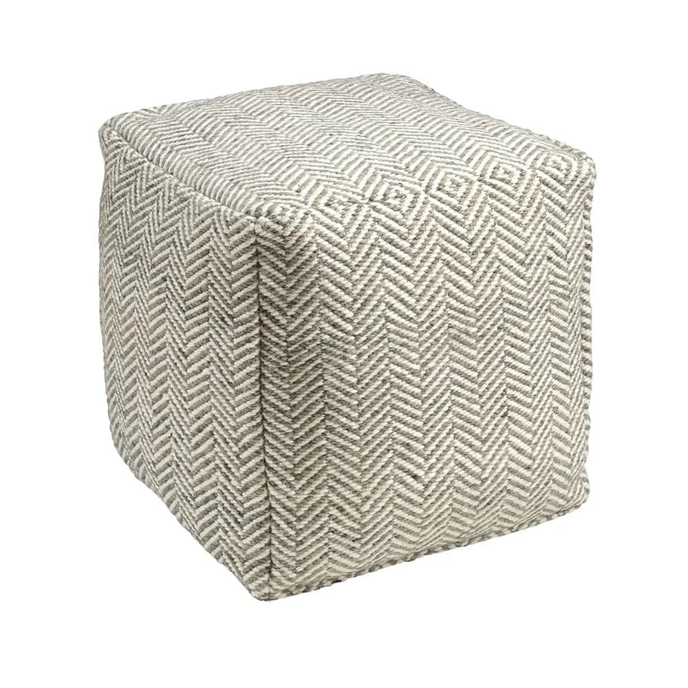 A cube-shaped ottoman upholstered in a textured fabric featuring a herringbone and diamond pattern.… — 3D model