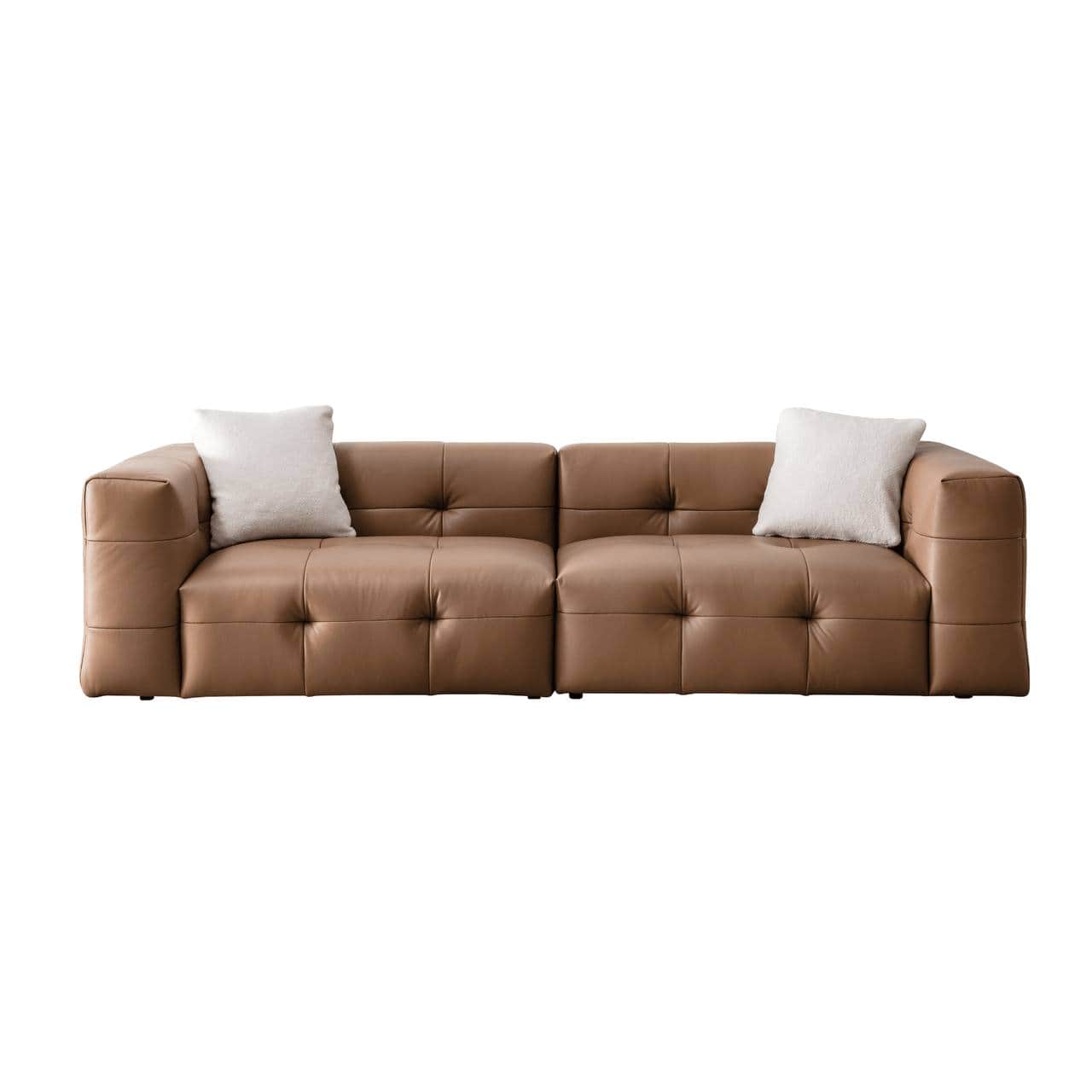 A contemporary, two-piece modular sofa upholstered in a light brown or cognac-colored leather. The s… — free BLEND 3D model