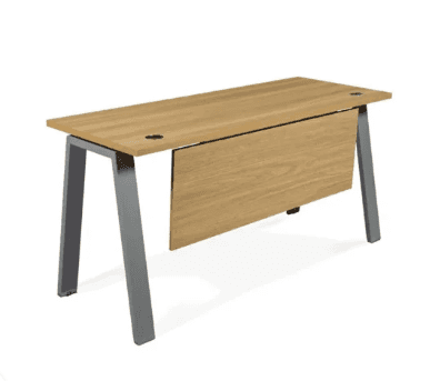 A modern desk with a rectangular wooden top and metal legs. The desk features a partial modesty pane… — 3D model