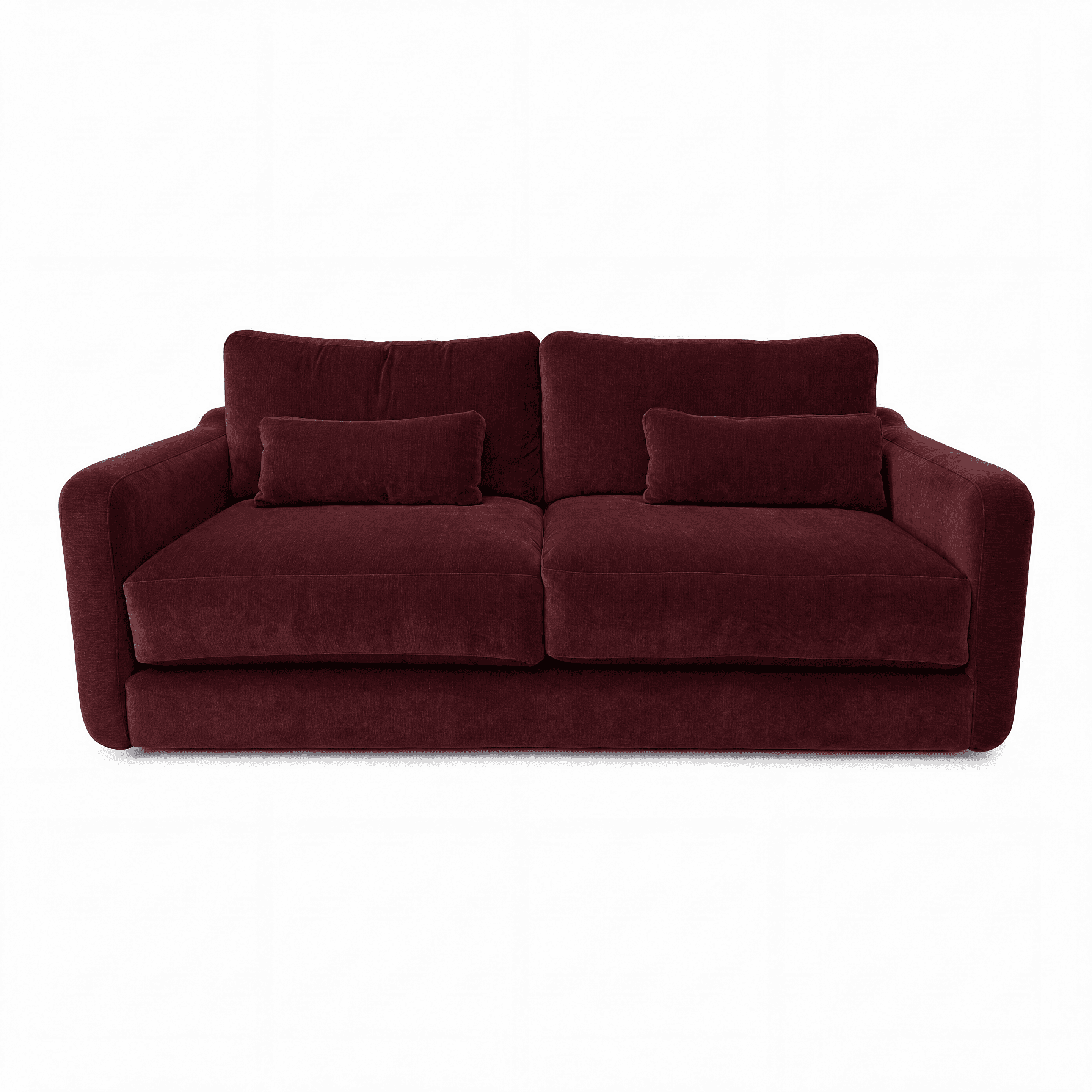 A two-seater sofa upholstered in a rich burgundy corduroy-like fabric. It features deep, plush seat… — 3D model