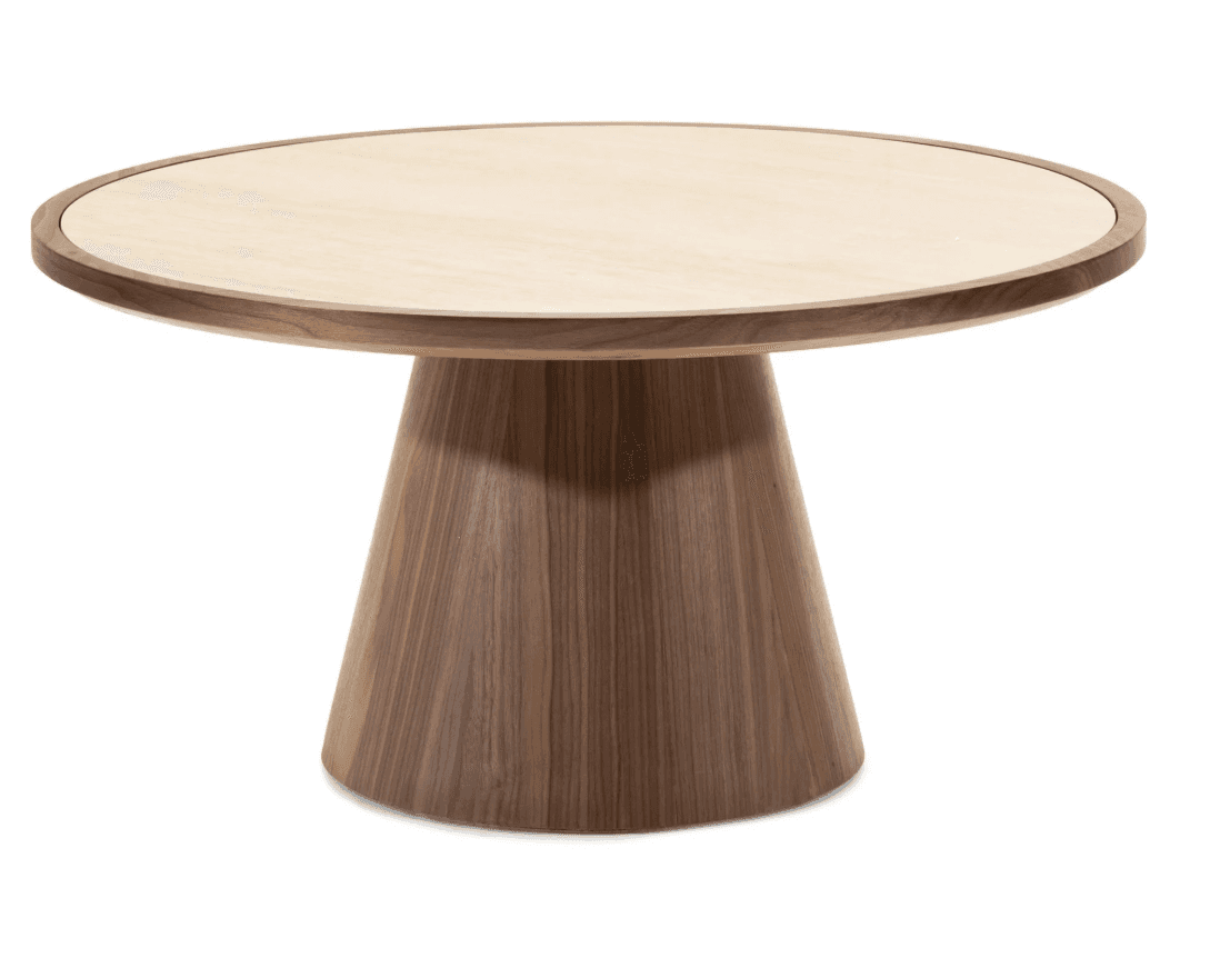 A round coffee table with a flared pedestal base. The tabletop features a lighter wood center surrou… — 3D model