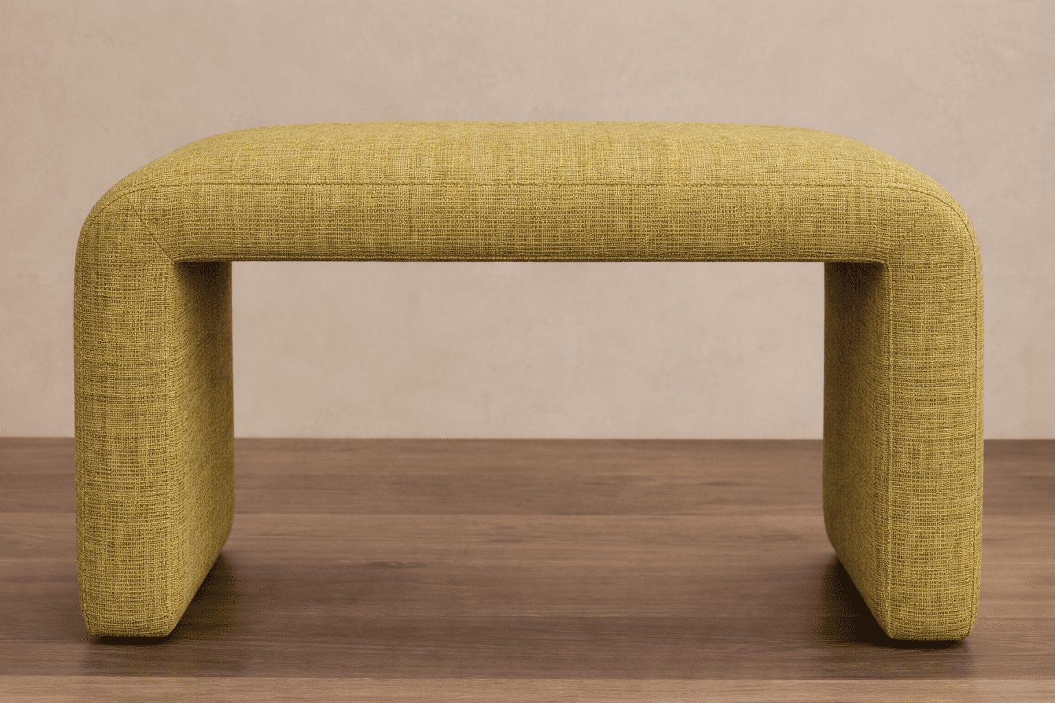 A rounded, U-shaped bench upholstered in a textured yellow fabric. The design is minimalist and cont… — 3D model