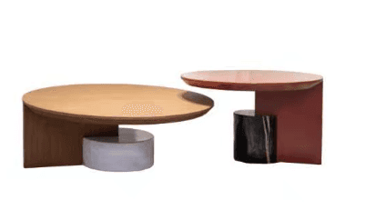 A set of two modern, geometrically designed tables featuring contrasting materials and colors. The l… — 3D model