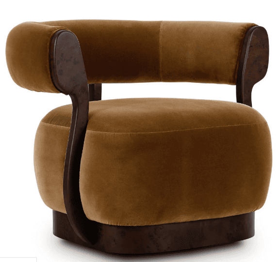 An Art Deco style barrel armchair upholstered in plush brown velvet with a dark, possibly burl wood,… — 3D model